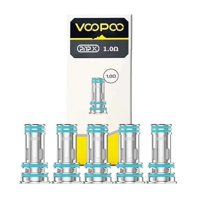 Pack de 5 résistances PnP-X Voopoo 1.0 ohm pour cigarette électronique, design argent et bleu