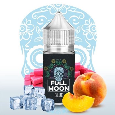 E-liquide Full Moon Blue avec fruits, glace et motif floral, flacon noir, logo crâne mexicain