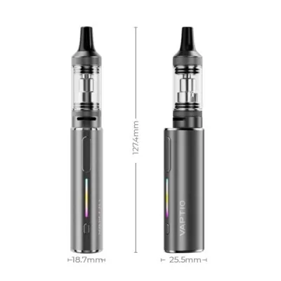 Kit cigarette électronique Cosmo Lite Vaptio, 2 modèles gris affichant dimensions