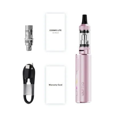 Kit e-cigarette Cosmo Lite Vaptio: cigarette électronique rose, réservoir, bobine et accessoires