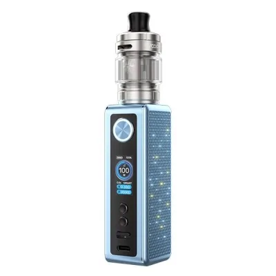 Kit vapotage Vinci Spark 100 bleu clair avec clearomiseur, écran et boutons de réglage