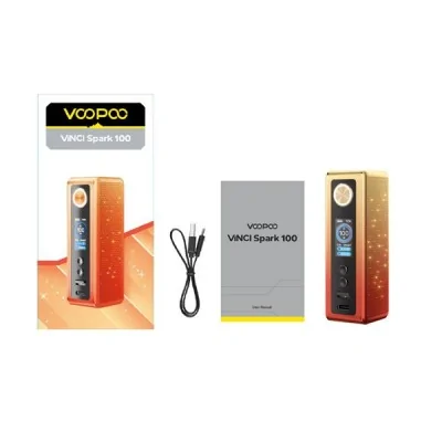 Kit Vinci Spark 100 VooPoo: box mod, câble USB, manuel et packaging orange et gris