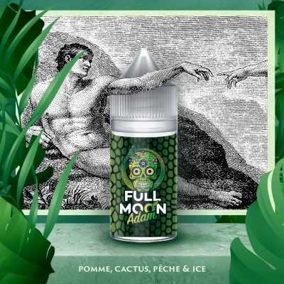 Flacon Full Moon Adam avec crâne vert, fond artistique, texte 'Pomme, Cactus, Pêche & Ice' Flacon Full Moon Adam avec crâne vert, fond artistique, texte 'Pomme, Cactus, Pêche & Ice'