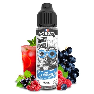 Flacon e-liquide Iris La Perchée 50ml avec fruits rouges et hibou dessiné sur l'étiquette Flacon e-liquide Iris La Perchée 50ml avec fruits rouges et hibou dessiné sur l'étiquette
