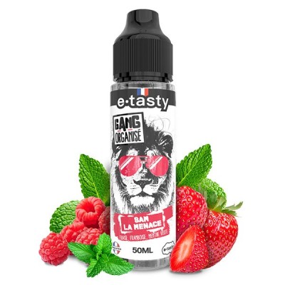 E-liquide Gang Organisé Sam La Menace 50ml avec fruits rouges et menthe, flacon et logo E-liquide Gang Organisé Sam La Menace 50ml avec fruits rouges et menthe, flacon et logo