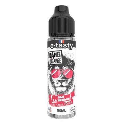 E-liquide Sam La Menace Gang Organisé 50ml avec lion à lunettes rouges sur l'étiquette E-liquide Sam La Menace Gang Organisé 50ml avec lion à lunettes rouges sur l'étiquette