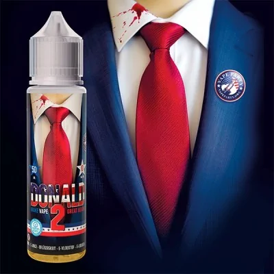 E-liquide Donald 2 avec costume, cravate rouge et insigne USA, design politique