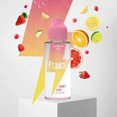 Bouteille TJuice Pinky Pop entourée de fruits frais, design coloré pour e-liquide