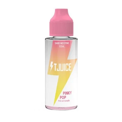 Bouteille de e-liquide T Juice Pinky Pop 100ml, sans nicotine, design rose et jaune