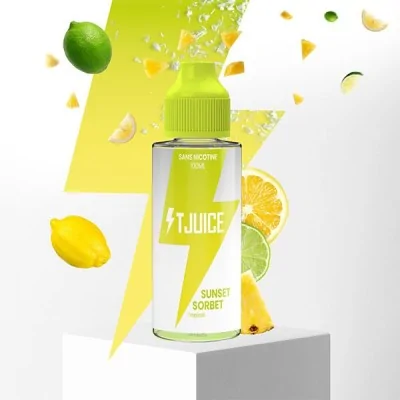 E-liquide TJuice Sunset Sorbet 100ml avec fruits citron et lime sur fond jaune vif