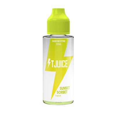 Bouteille de e-liquide TJuice Sunset Sorbet 100ml, logo éclair jaune sur fond blanc Bouteille de e-liquide TJuice Sunset Sorbet 100ml, logo éclair jaune sur fond blanc