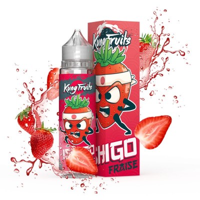 E-liquide Ishigo Kung Fruits saveur fraise, flacon 50ml, packaging rouge vif et illustration E-liquide Ishigo Kung Fruits saveur fraise, flacon 50ml, packaging rouge vif et illustration