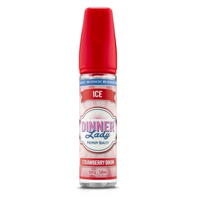 E-liquide Dinner Lady Ice Strawberry Bikini 50ml, flacon rouge, saveur fraise givrée