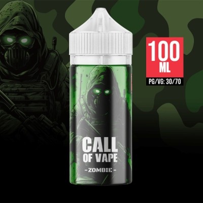 E-liquide Call of Vape Zombie 100ml, flacon avec image de zombie sur fond camouflage E-liquide Call of Vape Zombie 100ml, flacon avec image de zombie sur fond camouflage