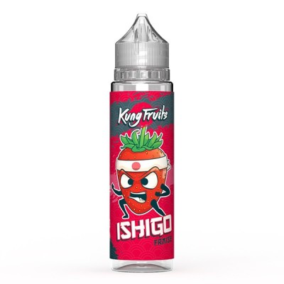 Flacon de e-liquide Kung Fruits Ishigo 50ml, design fraise rouge cartoon, fond rose Flacon de e-liquide Kung Fruits Ishigo 50ml, design fraise rouge cartoon, fond rose