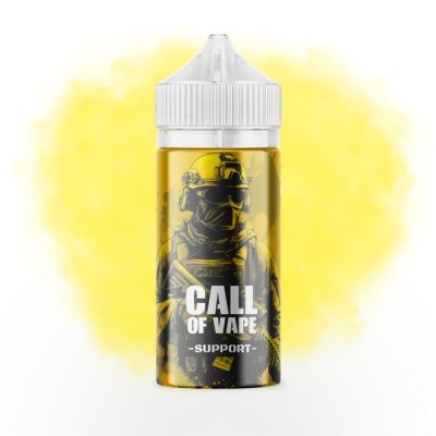 Bouteille e-liquide Call Of Vape Support 100ml, design militaire sur fond jaune Bouteille e-liquide Call Of Vape Support 100ml, design militaire sur fond jaune
