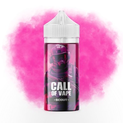 Flacon d'e-liquide Call Of Vape Scout avec soldat sur fond rose, style jeu vidéo Flacon d'e-liquide Call Of Vape Scout avec soldat sur fond rose, style jeu vidéo