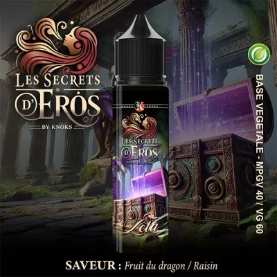 E-liquide Les Secrets d'Eros Zeta 50ml saveur fruit du dragon et raisin, flacon et décor antique