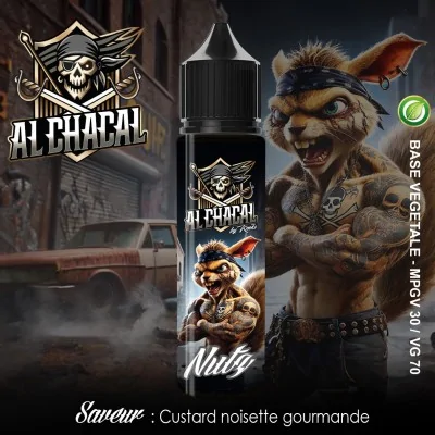 Flacon e-liquide Al Chacal Nutz avec image de créature animale féroce et logo pirate