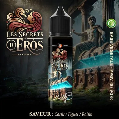 Flacon e-liquide Les Secrets d'Eros Beta, saveur cassis/figues/raisin, décor mythologique