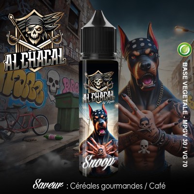 E-liquide Snoop Al Chacal avec image de doberman et décor urbain, saveur céréales/café E-liquide Snoop Al Chacal avec image de doberman et décor urbain, saveur céréales/café