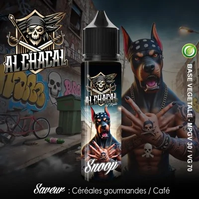 E-liquide Snoop Al Chacal avec image de doberman et décor urbain, saveur céréales/café