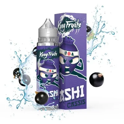 Bouteille e-liquide Kung Fruits Kashi Cassis 50ml, packaging violet, fruits noirs, éclaboussures