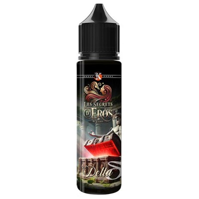 Flacon e-liquide noir Les Secrets d'Eros Delta 50ml, étiquette mystérieuse et élégante Flacon e-liquide noir Les Secrets d'Eros Delta 50ml, étiquette mystérieuse et élégante