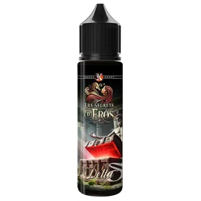 Flacon e-liquide noir Les Secrets d'Eros Delta 50ml, étiquette mystérieuse et élégante