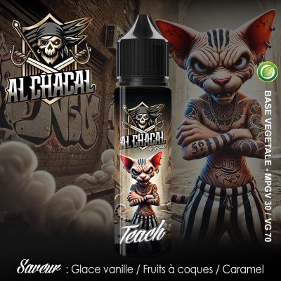 E-liquide Al Chacal Teach 50ml, goût vanille/fruits/caramel, design sphynx tatoué