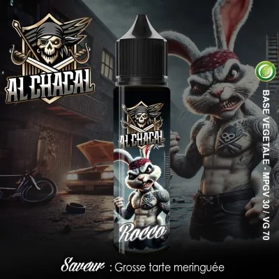 E-liquide Al Chacal Rocco 50ml saveur tarte meringuée, design lapin musclé tatouté