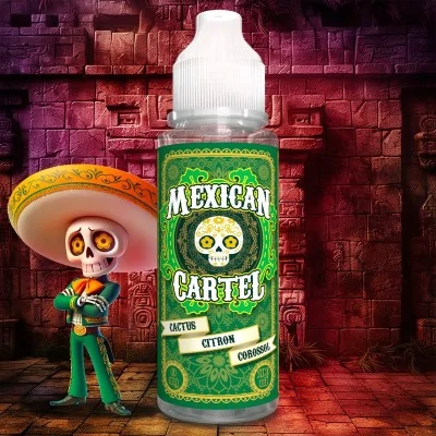 Bouteille de e-liquide Mexican Cartel avec figurine squelette mexicain, fond brique