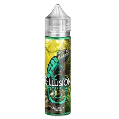 Bouteille e-liquide E-llusion Myrifik 50ml avec illustration de lézard vert sur fond jaune