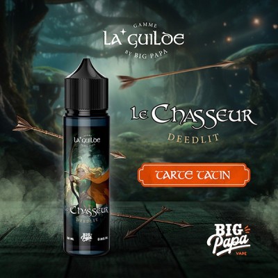 Image publicitaire e-liquide Le Chasseur Deedlit de La Guilde, ambiance mystique, flèches volantes Image publicitaire e-liquide Le Chasseur Deedlit de La Guilde, ambiance mystique, flèches volantes