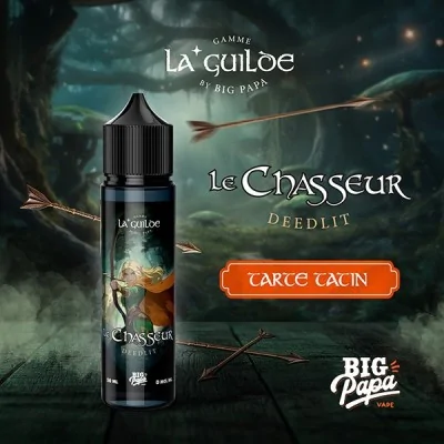 Image publicitaire e-liquide Le Chasseur Deedlit de La Guilde, ambiance mystique, flèches volantes