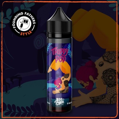 E-liquide Trippy Pop Big Papa 50ml, flacon noir avec étiquette colorée, logo Founding Fathers E-liquide Trippy Pop Big Papa 50ml, flacon noir avec étiquette colorée, logo Founding Fathers
