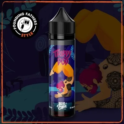 E-liquide Trippy Pop Big Papa 50ml, flacon noir avec étiquette colorée, logo Founding Fathers