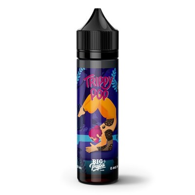 E-liquide Trippy Pop Big Papa fruité 50ml, flacon noir avec étiquette colorée et motif tropical E-liquide Trippy Pop Big Papa fruité 50ml, flacon noir avec étiquette colorée et motif tropical