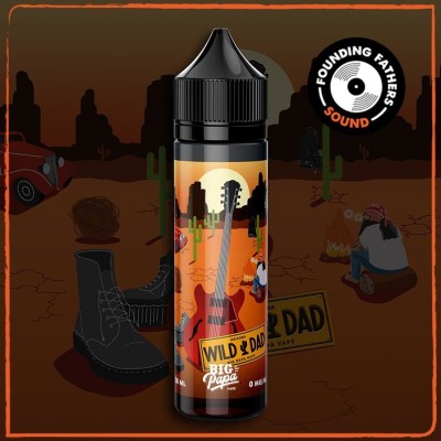 E-liquide Wild Dad 50ml, flacon noir avec étiquette western et guitare, fond désert E-liquide Wild Dad 50ml, flacon noir avec étiquette western et guitare, fond désert