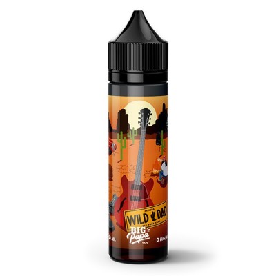 E-liquide Wild Dad 50ml - Flacon avec illustration guitare et silhouettes sur fond orange E-liquide Wild Dad 50ml - Flacon avec illustration guitare et silhouettes sur fond orange