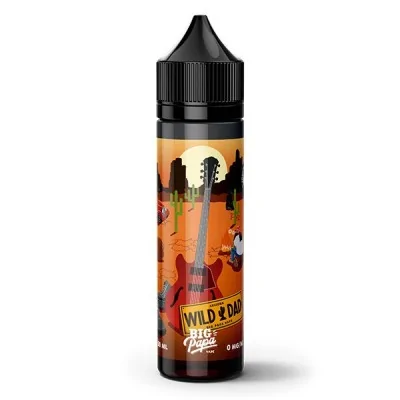 E-liquide Wild Dad 50ml - Flacon avec illustration guitare et silhouettes sur fond orange