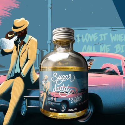 Bouteille Sugar Daddy Biggie avec illustration vintage d'homme en costume et voiture rose Bouteille Sugar Daddy Biggie avec illustration vintage d'homme en costume et voiture rose