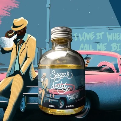 Bouteille Sugar Daddy Biggie avec illustration vintage d'homme en costume et voiture rose