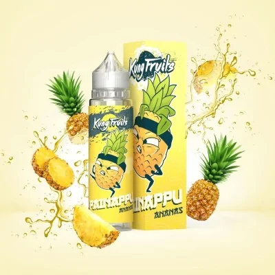 E-liquide ananas Kung Fruits 50ml, bouteille et pack, éclaboussures de jus et fruits frais