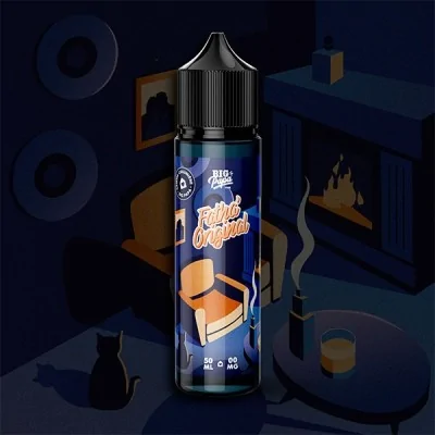 E-liquide Fatha' Original Big Papa 50ml, bouteille bleue avec image de canapé, ambiance nocturne