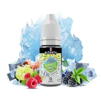 E-liquide e.Tasty Siko Extra Frais 10ml avec fruits rouges, kiwi et glace sur fond bleu