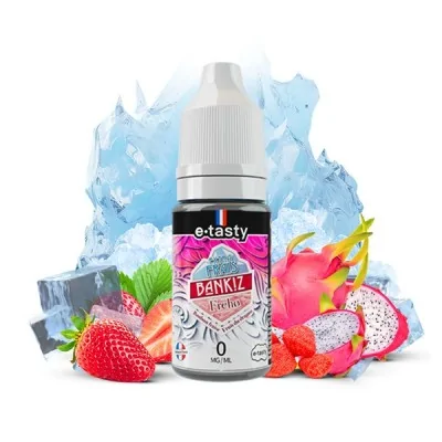 E-liquide Pankiz frais aux fruits rouges et dragonfruit, bouteille 10ml sur fond glacé