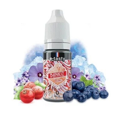 E-liquide Bankiz e.Tasty 10ml saveur fruits rouges et fleurs, bouteille et ingrédients