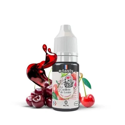 E-liquide fruité La Cueillette de Louise avec cerises et éclaboussure rouge, flacon blanc