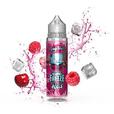 E-liquide Kung Freeze Red avec fruits rouges, glaçons et éclaboussures sur fond blanc